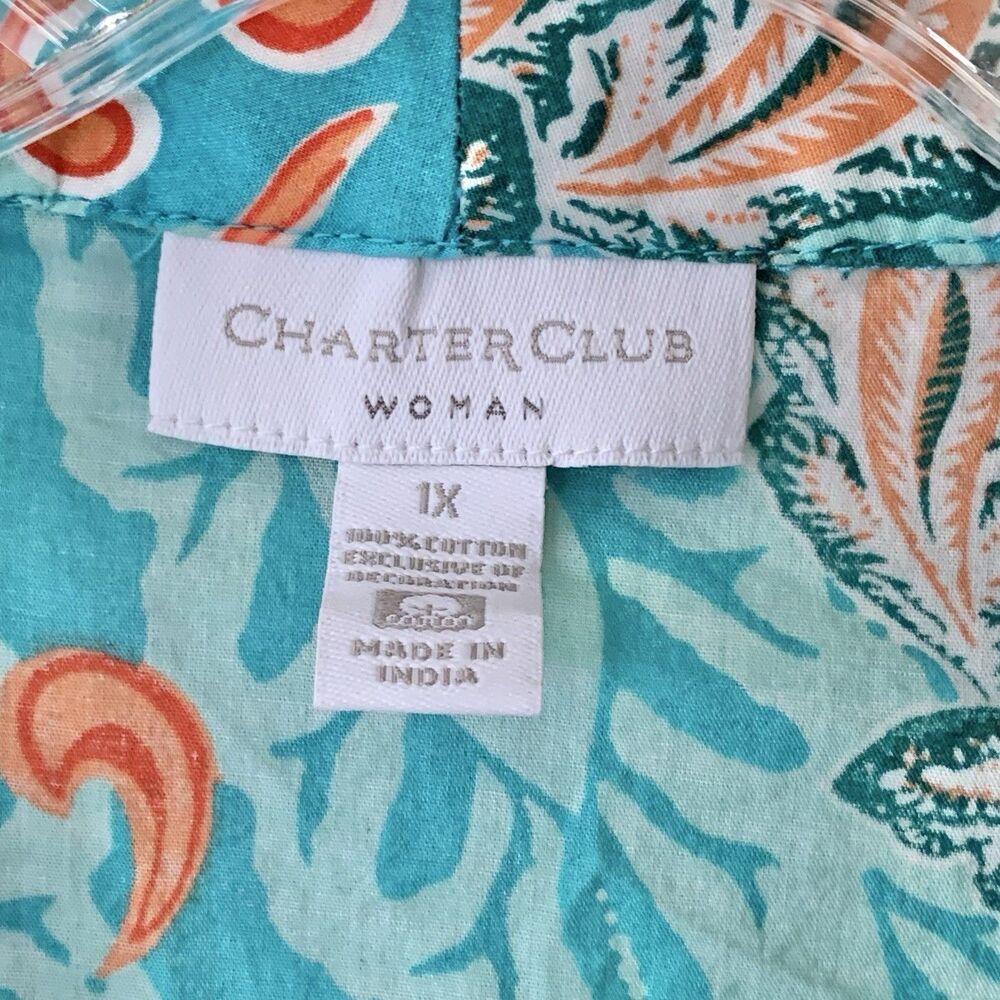 Charter Club Women's Embroidered Tunic V-Neck Cotton Turquoise Boho Top 1X - Picture 5 of 6